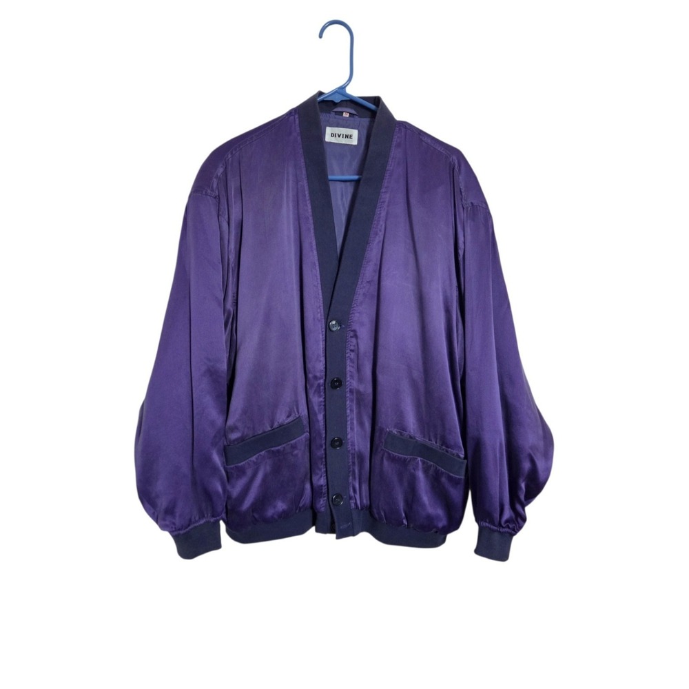 VTG Y2K 90s Divine Purple Silk Bomber Jacket Mens M Satin Button Up Streetwear
